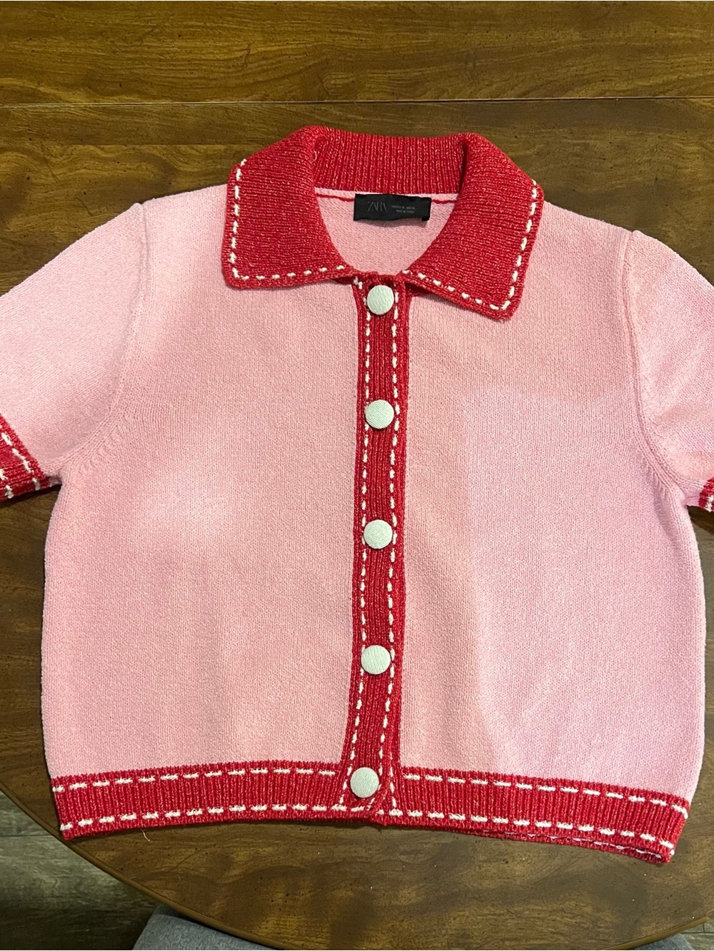 Zara Pink and Red Short-Sleeve Knit Cardigan
